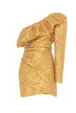 Dundas Gold Foil Baroque Print One Shoulder Ruffle Dress
