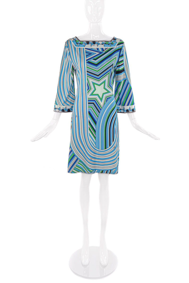 Emilio Pucci Green and Blue Classic Print Midi Shift Dress with Star SS2008