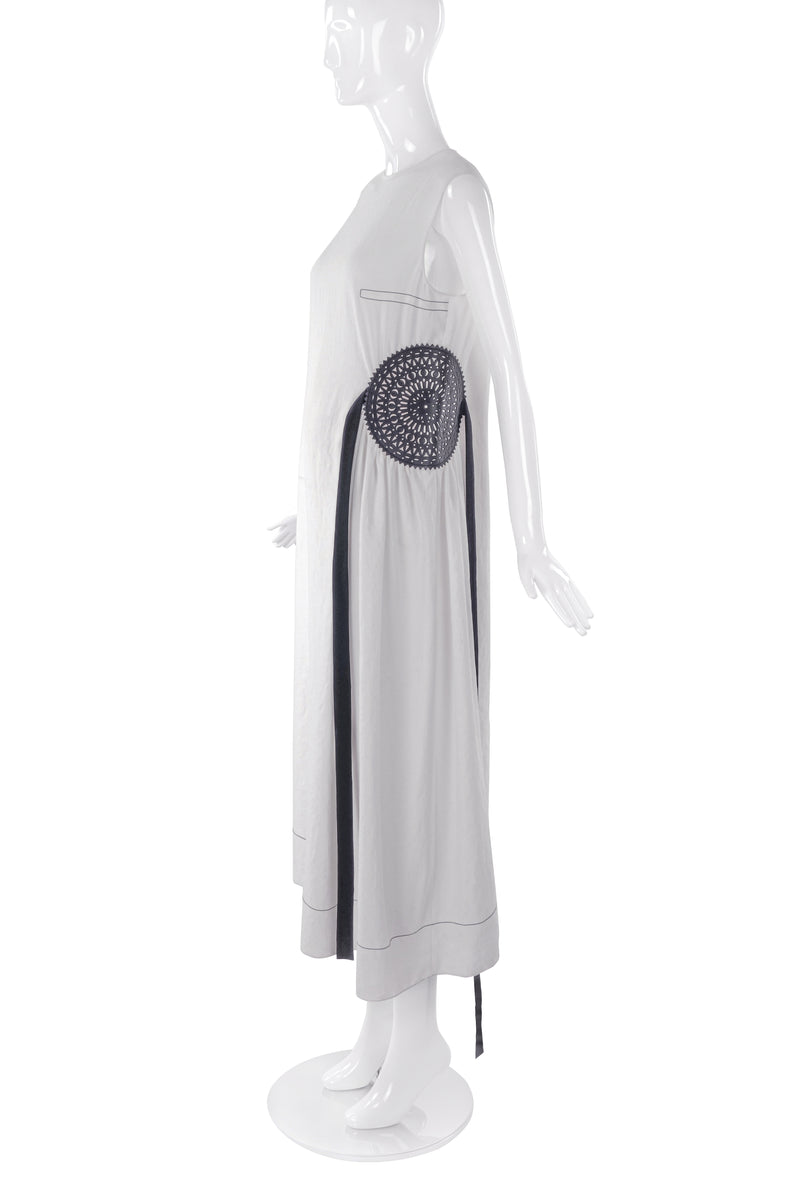 Loewe White Creme Linen Dress with Circular Leather Stencil
