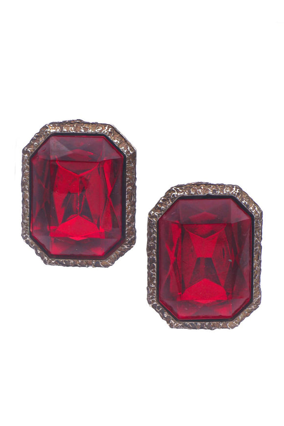 Vintage Gold Ruby Red Huge Square Costume Clip-On Earring