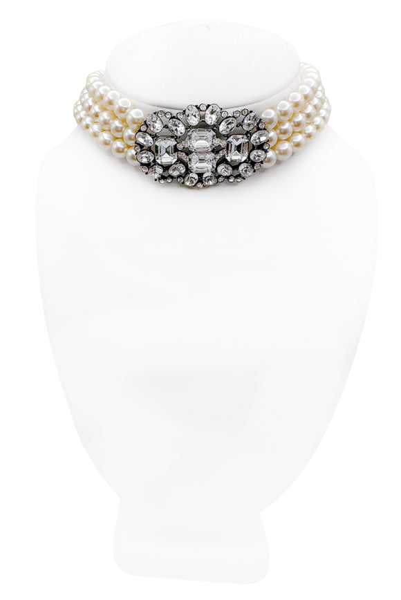 Pierre Balmain Vintage Triple Pearl Crystal Choker Necklace