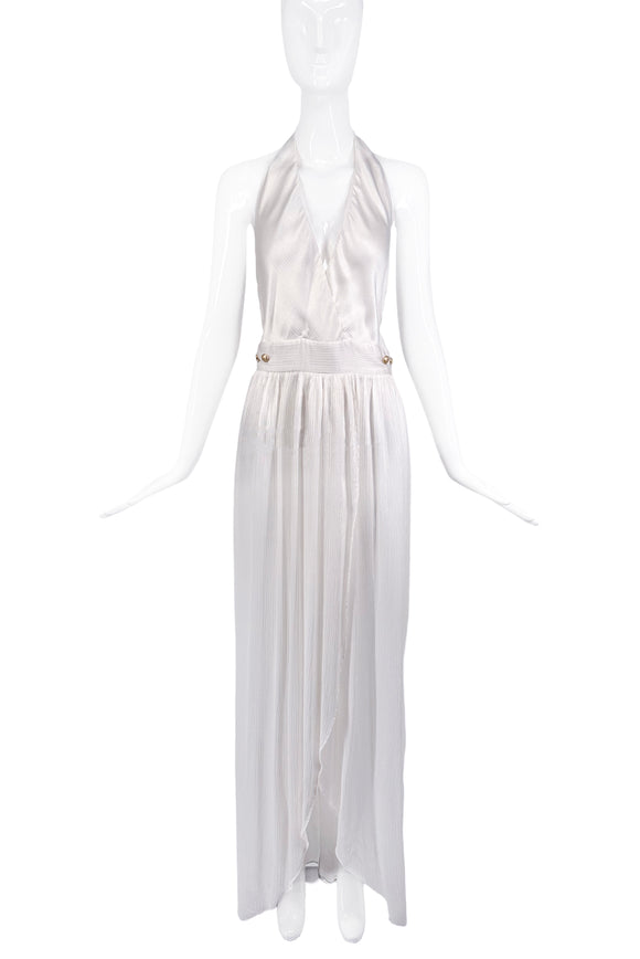 Balmain White Crepe de Chine Halterneck Gold Button Gown