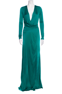 Roberto Cavalli Emerald Green Silk Jersey Long Sleeve Wrap Plunging Neckline Gown