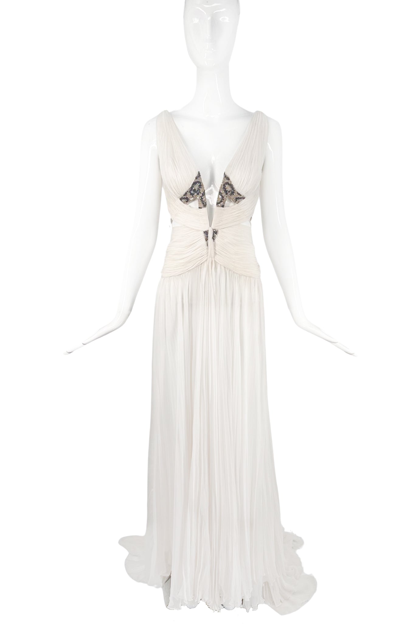 Roberto Cavalli White Cream Silk Pleated Cut Out Leopard Beaded Corset PaumLosAngeles Roberto Cavalli White Cream Silk Pleated Cut Out Leopard Beaded Corset PaumLosAngeles