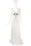 Roberto Cavalli White Cream Silk Pleated Cut Out Leopard Beaded Corset Gown