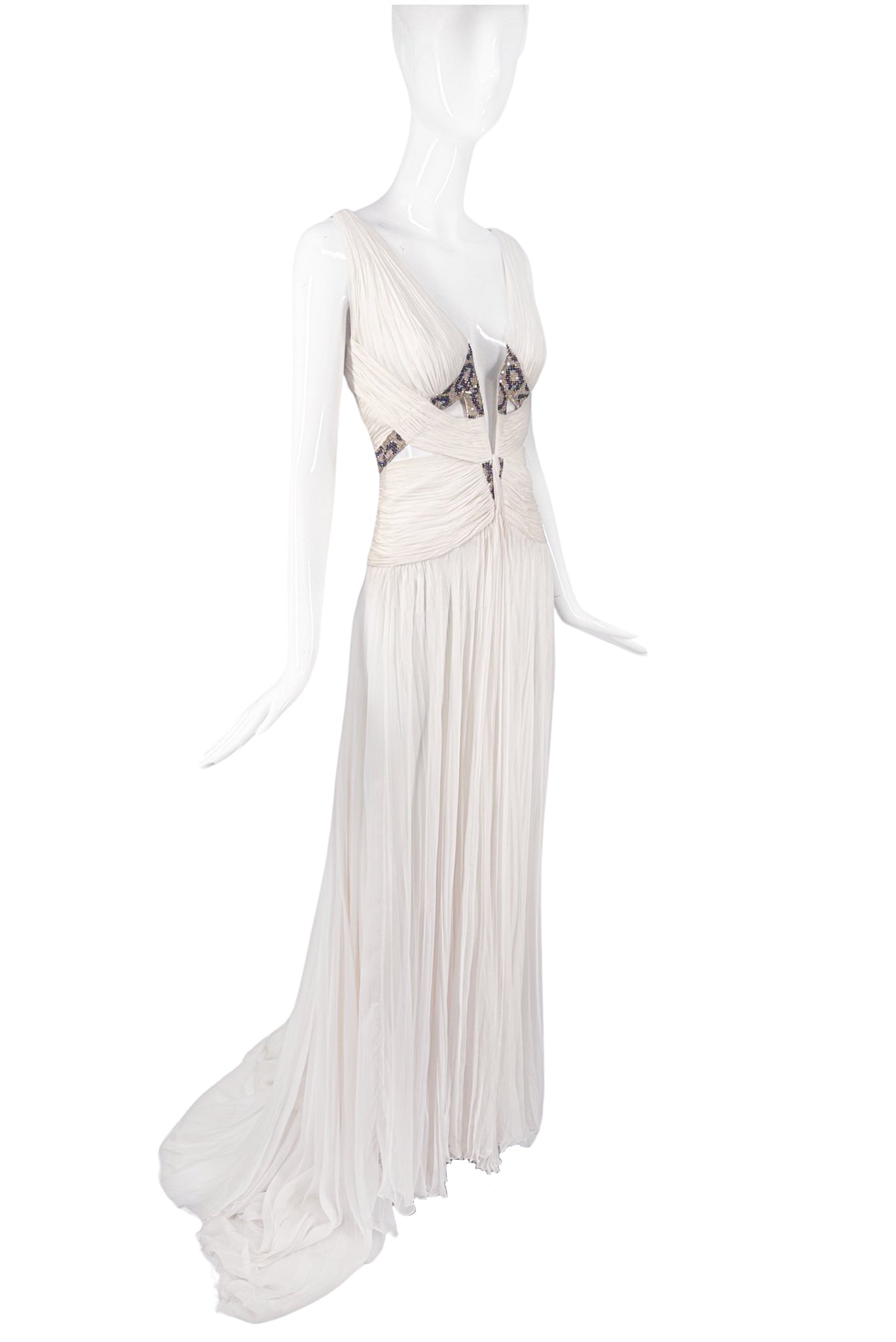 Roberto Cavalli White Cream Silk Pleated Cut Out Leopard Beaded Corset PaumLosAngeles Roberto Cavalli White Cream Silk Pleated Cut Out Leopard Beaded Corset PaumLosAngeles