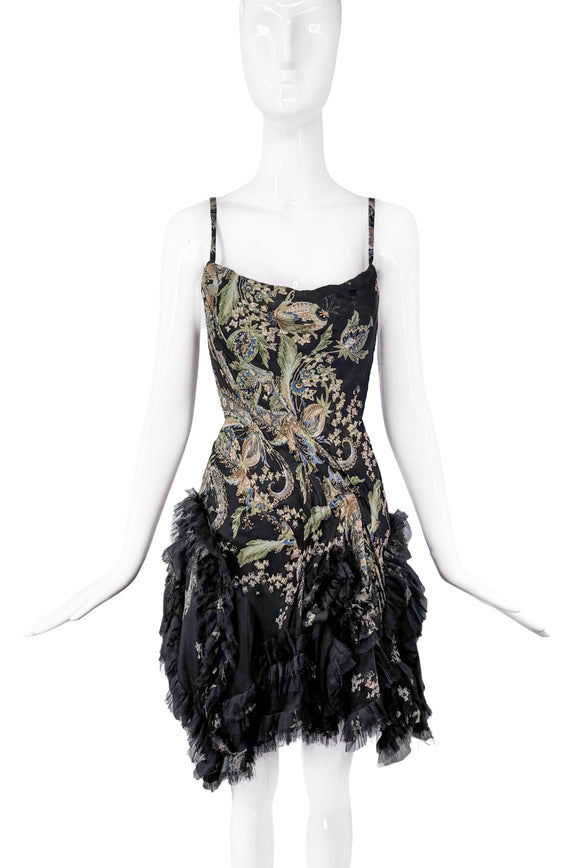 Roberto Cavalli Black Embroidered Ruffle Corset Mini Dress Gown Fall 2004