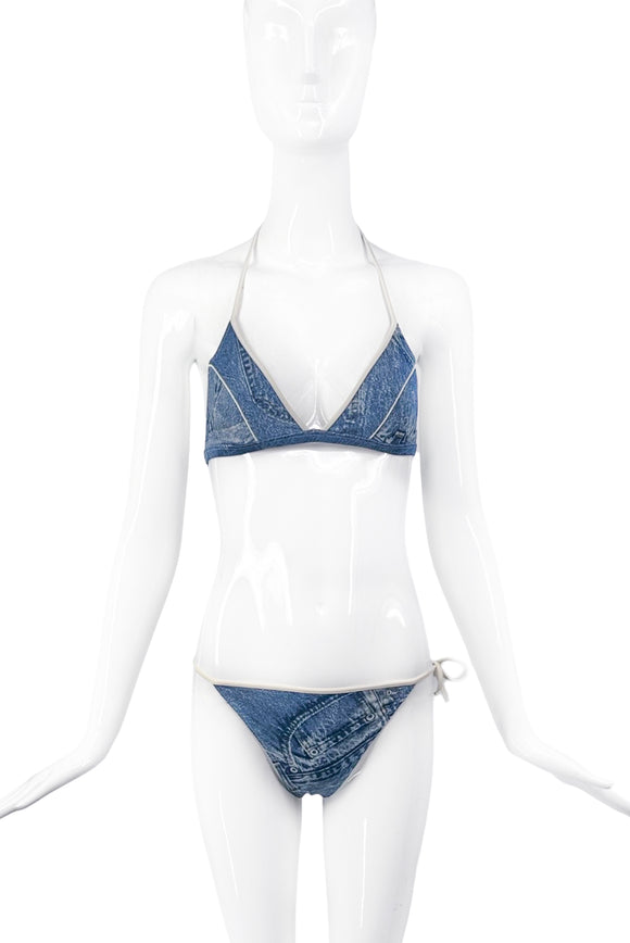 Christian Dior by John Galliano Blue White Denim Print Logo Bra Panty Bikini Spring 2000