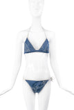 Christian Dior by John Galliano Blue White Denim Print Logo Bra Panty Bikini Spring 2000