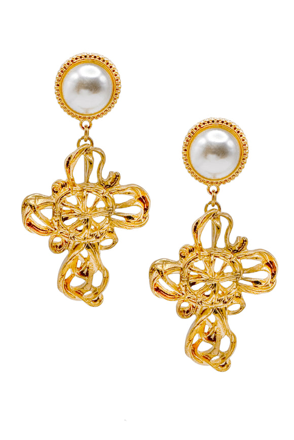 Christian Lacroix Style Gold Baroque Pearl Cross Earrings