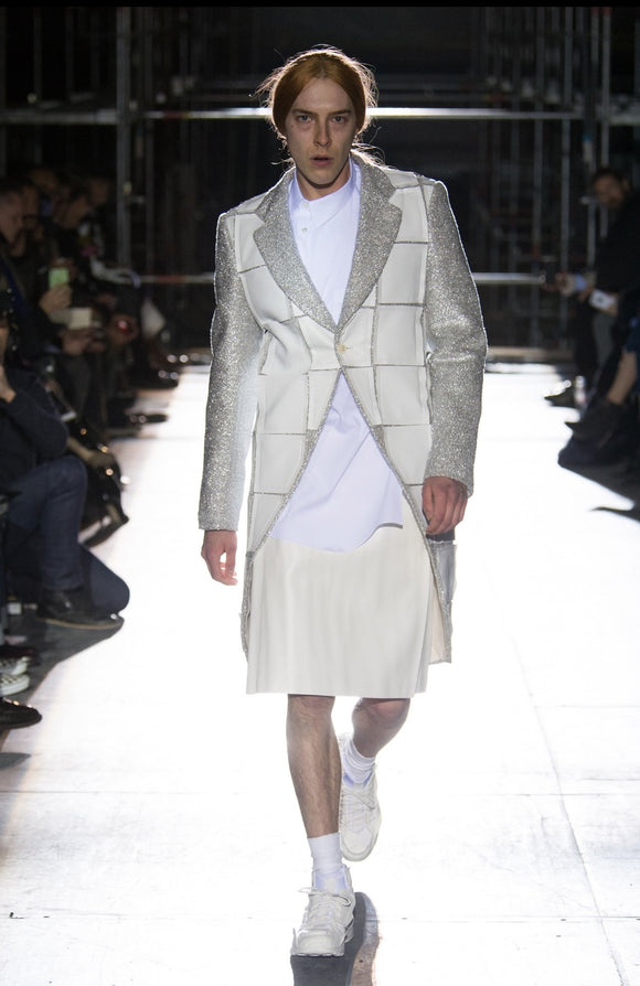 Comme des Garcons Homme Plus Silver Lurex Sparkle White Faux Leather Applicate Coat Fall 2018