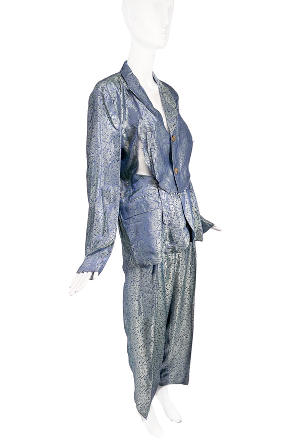 Comme des Garçons Iridescent Green and Blue Floral Print Deconstructed Suit