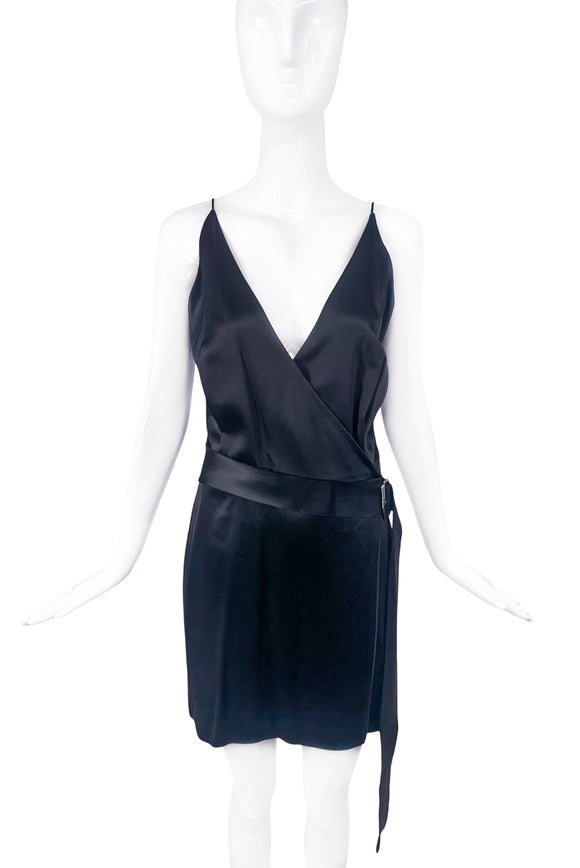 Dion Lee Black Silk Satin Spaghetti Strap Deep V Wrap Dress - BOUTIQUE PURCHASE PRICE