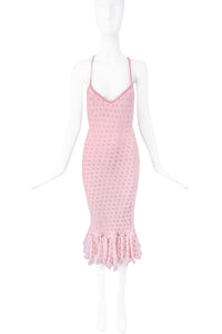 Christian Dior by John Galliano Pink Silk Gold Lame Polka Dot Ruffle Hem Low Back Dress