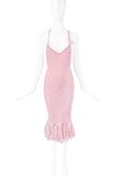 Christian Dior by John Galliano Pink Silk Gold Lame Polka Dot Ruffle Hem Low Back Dress