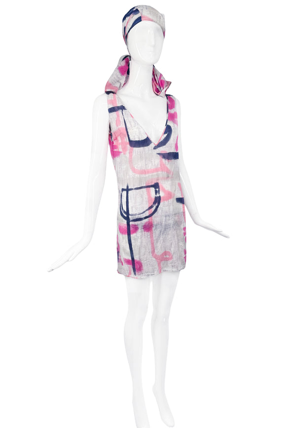 Christian Dior by John Galliano Pink Purple Graffiti Print Shift Dress with Matching Bikini & Sarong