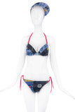 Christian Dior by Galliano Blue Denim Patchwork "Miss Diorella" Two Piece Bikini Bra Panty Swimsuit with Matching Hat Spring 2001