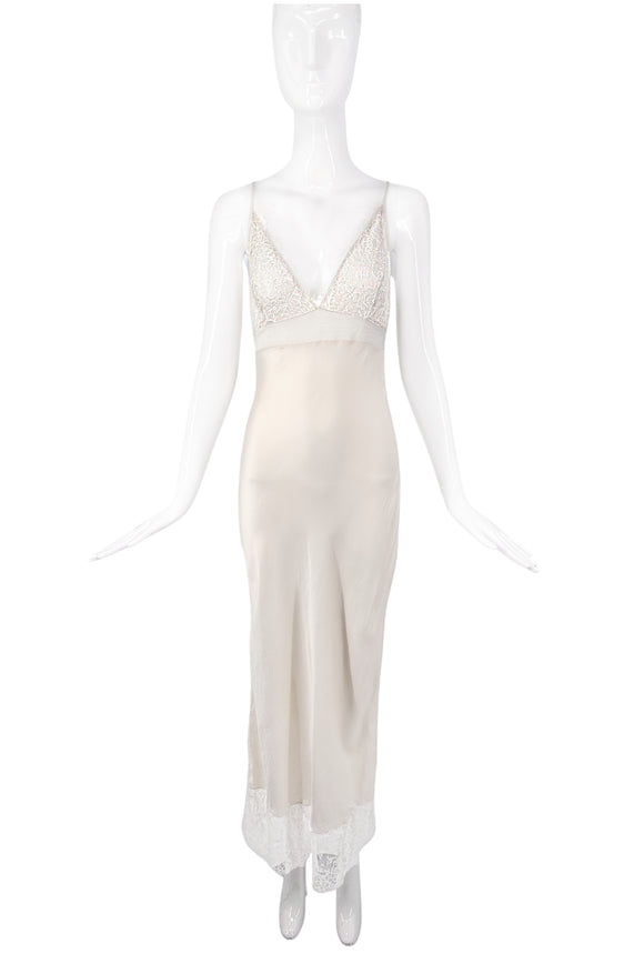white slip dress long Christian Dior by John Galliano White Silk Lace Negligee Slip Dress Go – PauméLosAngeles