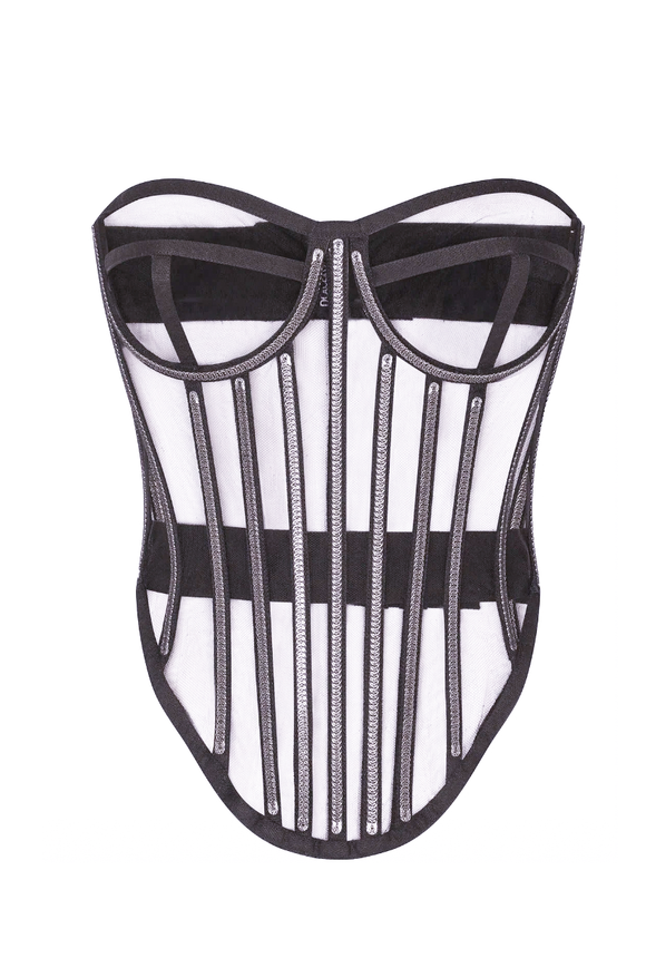 Dolce Gabbana Black Sheer Mesh Silver Metal Boning Bustier Corset Top