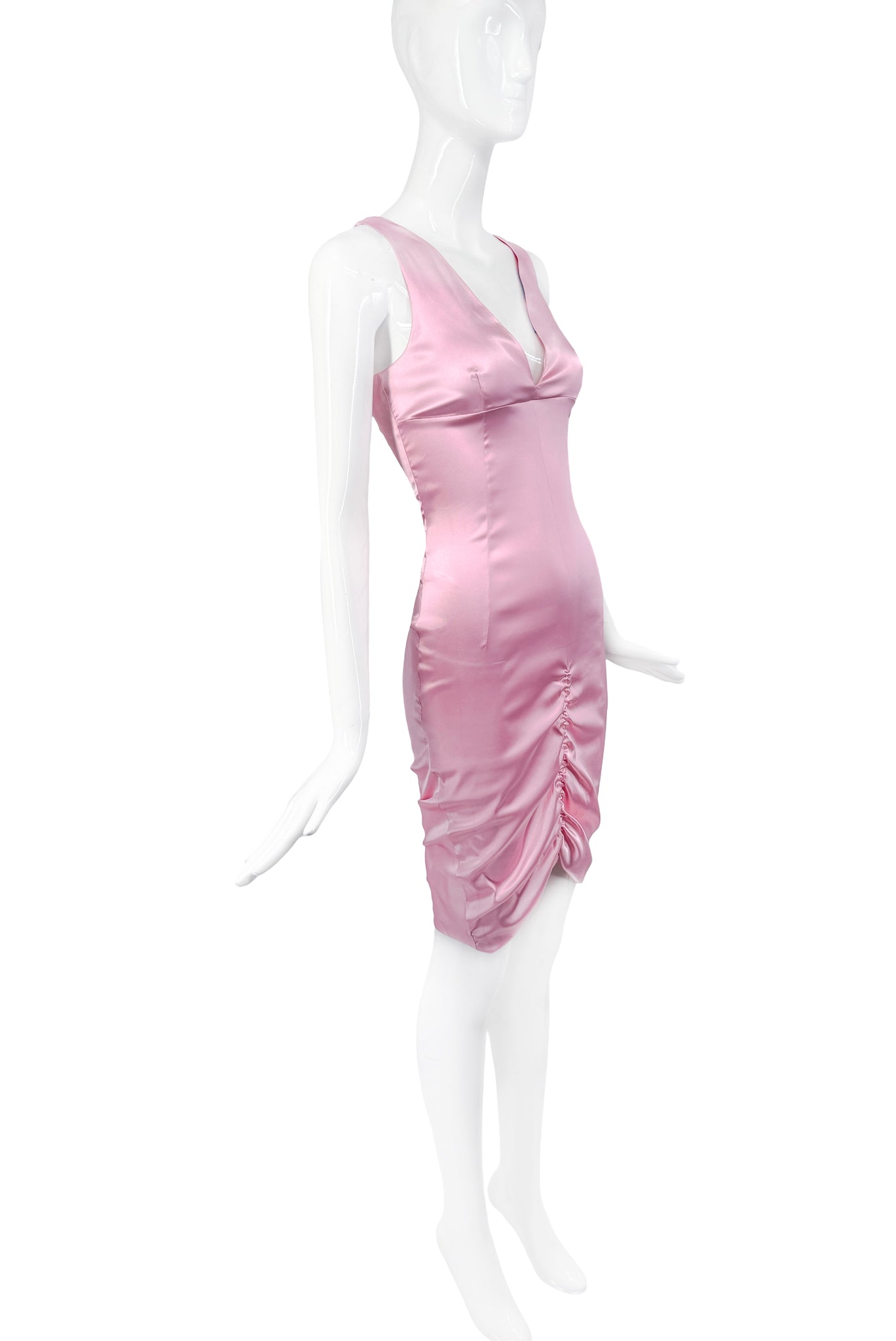 Dolce Gabbana D&G Pink Satin Stretch Ruched Body Con Dress