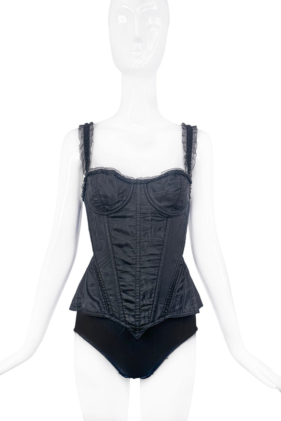 Gucci by Tom Ford Black Boned Ruffle Accent Strap Corset Top Around 2001