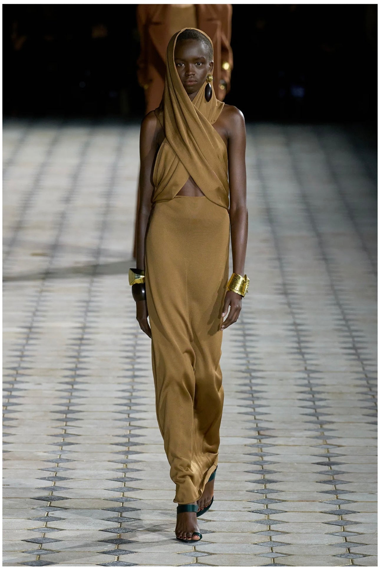 Saint Laurent Green Brown Hooded Gown Runway S/S 2023 PaumLosAngeles Saint Laurent Green Brown Hooded Gown Runway S/S 2023 PaumLosAngeles