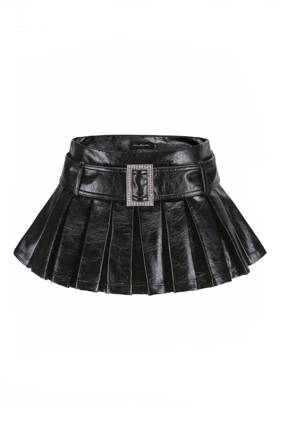 Vintage Black Leather Pleated Schoolgirl Crystal Buckle Mini Skirt
