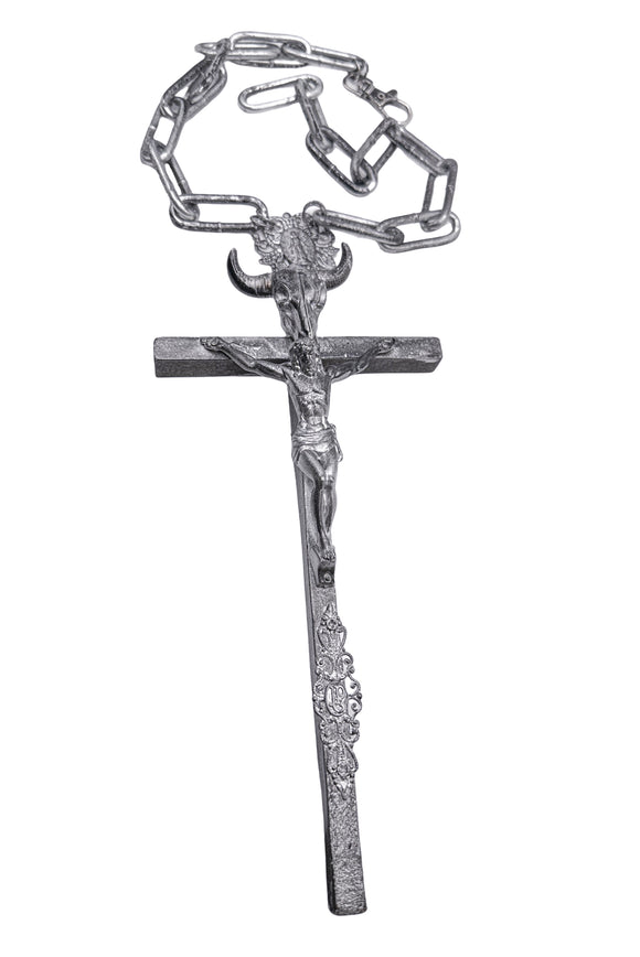 Jean Paul Gaultier Silver Painted Oversized Bull Horn Crucifix Cross Necklace