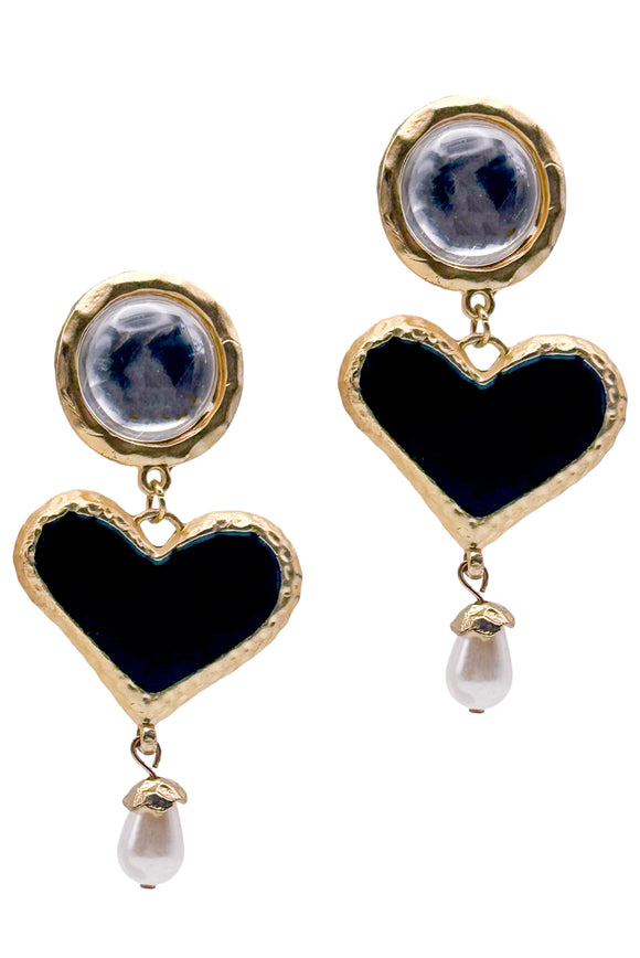 Vintage Christian Lacroix Style Black Heart Gold Pearl Earrings