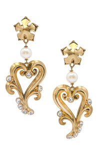 Christian Lacroix Style Gold Heart Pearl Crystal Earrings