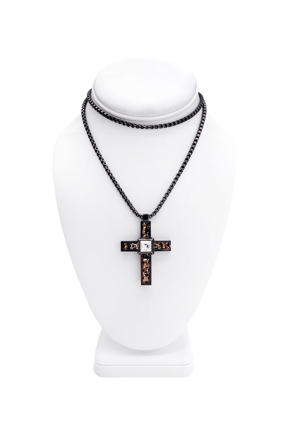 Lanvin Square Clear Crystal and Dark Crystal Cross Pendant Necklace on a Dark Silver Chain