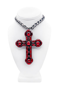 Lanvin Red Crystal Oversized Cross Necklace