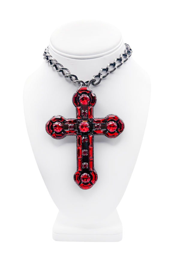 Lanvin Red Crystal Oversized Cross Necklace