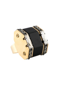 Lanvin Black Crystal Gold Art Deco Ring
