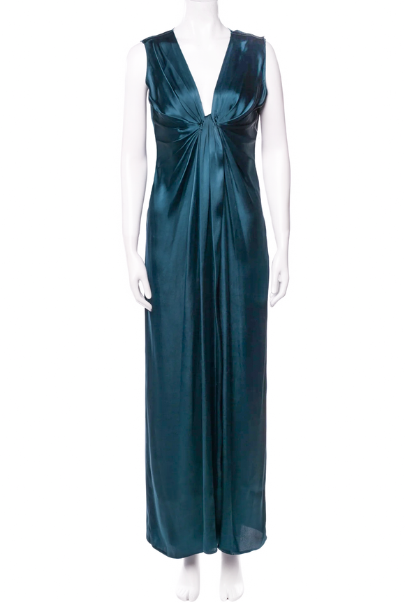 Lanvin Teal Blue Green Satin Silk Draped Gown Dress