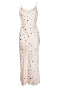 Mara The Label White Creme Gem Stone Print Silk Charmeuse Bias Slip Dress Gown