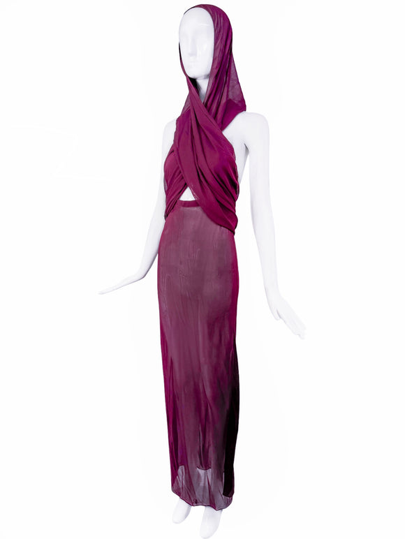 ysl cut out dress Saint Laurent Maroon Sheer Hooded Cut Out Dress – PauméLosAngeles