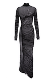 Mugler Black Net Sheer Long Sleeve High Neck Ruched Gown