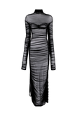 Mugler Black Net Sheer Long Sleeve High Neck Ruched Gown