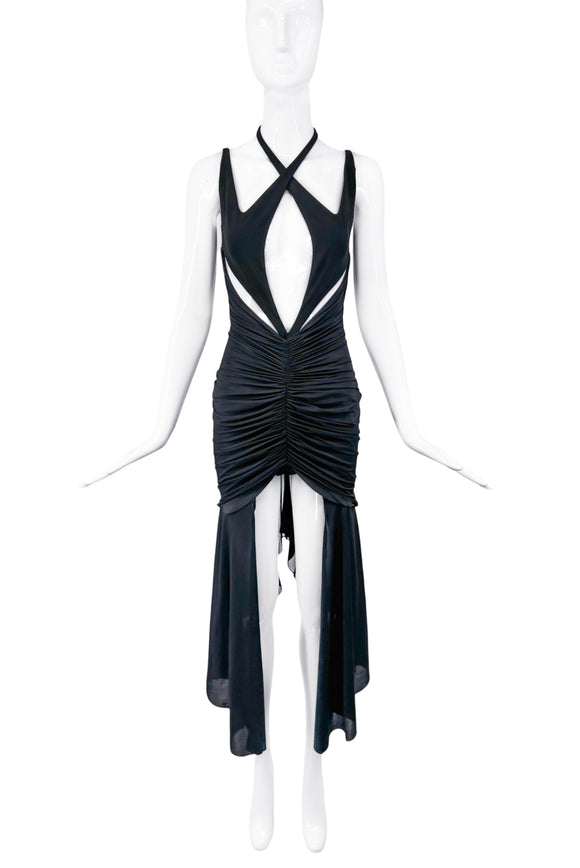 Mugler Black Cut Out Ruched Long Panel Halter Neck Dress Gown