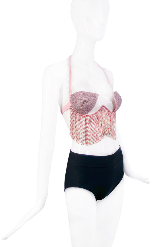 Vintage Pink Crystal Triangle Showgirl Bra Top with Crystal Fringe