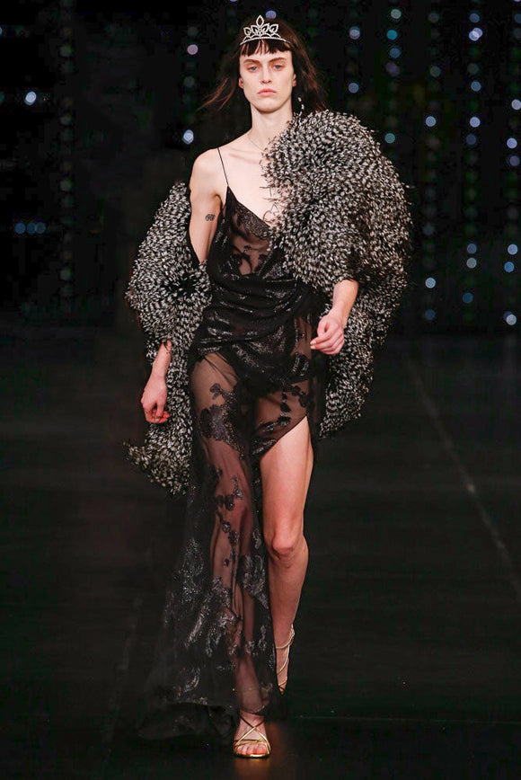 Saint Laurent Black Sheer Layered Lurex Floral Print High Slit Dress G PaumLosAngeles Saint Laurent Black Sheer Layered Lurex Floral Print High Slit Dress G PaumLosAngeles