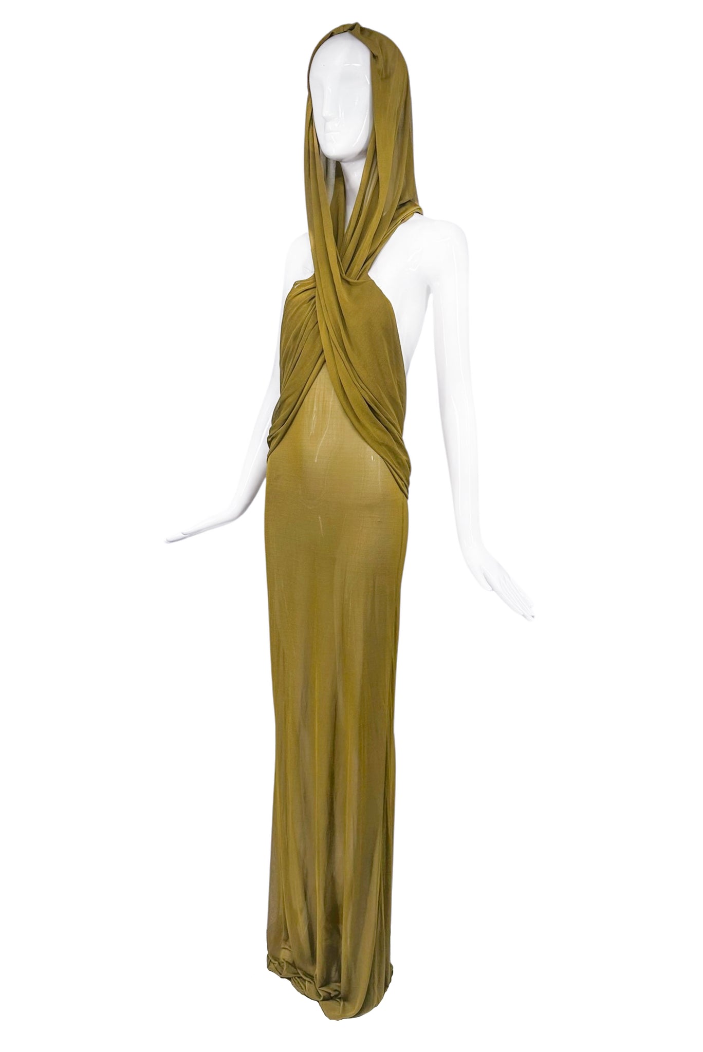 Saint Laurent Green Brown Hooded Gown Runway S/S 2023 PaumLosAngeles Saint Laurent Green Brown Hooded Gown Runway S/S 2023 PaumLosAngeles