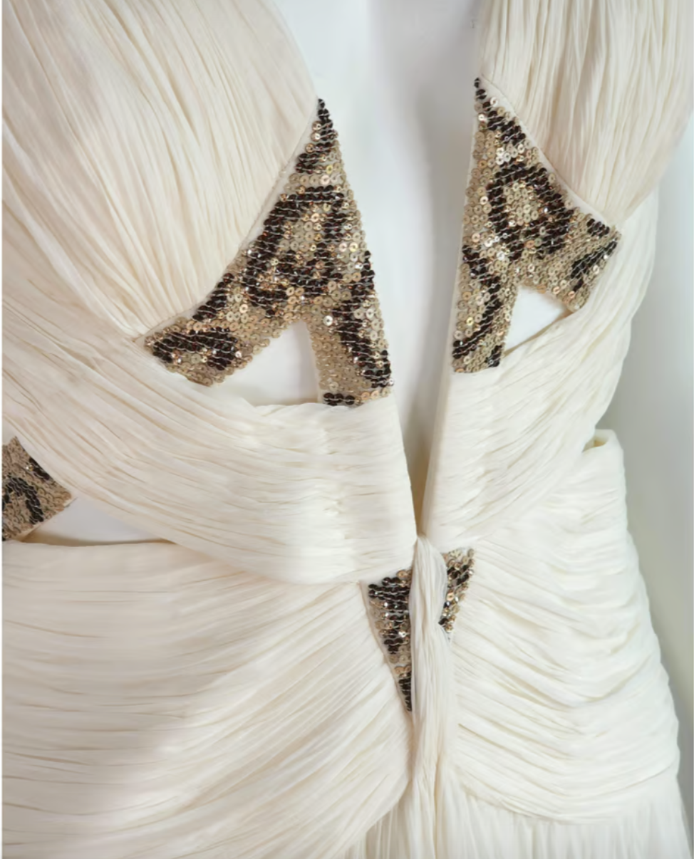 Roberto Cavalli White Cream Silk Pleated Cut Out Leopard Beaded Corset PaumLosAngeles Roberto Cavalli White Cream Silk Pleated Cut Out Leopard Beaded Corset PaumLosAngeles