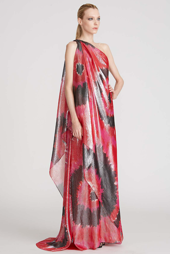 Halston Red One Shoulder Lurex Silk Dress Gown