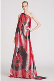 Halston Red One Shoulder Lurex Silk Dress Gown