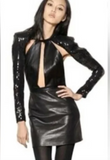Saint Laurent Black Leather Cut Out Sequin Sleeve Crystal Halter Dress