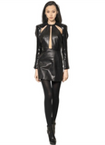 Saint Laurent Black Leather Cut Out Sequin Sleeve Crystal Halter Dress