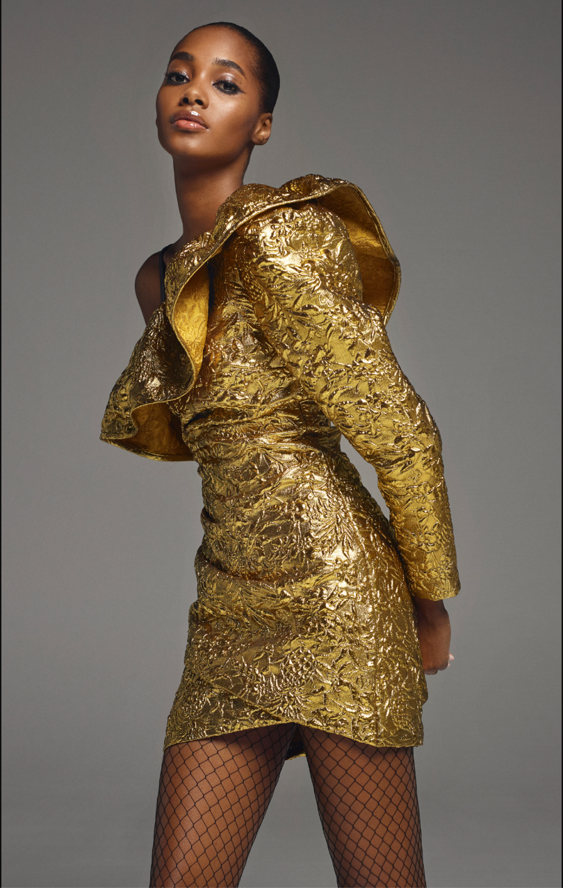 Dundas Gold Foil Baroque Print One Shoulder Ruffle Dress  PaumLosAngeles