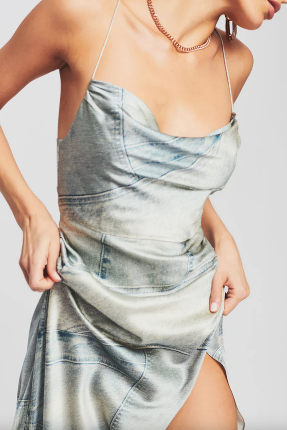 Dior by Galliano Style Denim Patch Bias Silk Slip Retrofete Dress